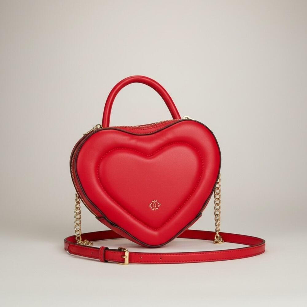 Nanette Lepore Cupid Heart Shaped Red Crossbody Bag Top Handle Purse Gold Chain